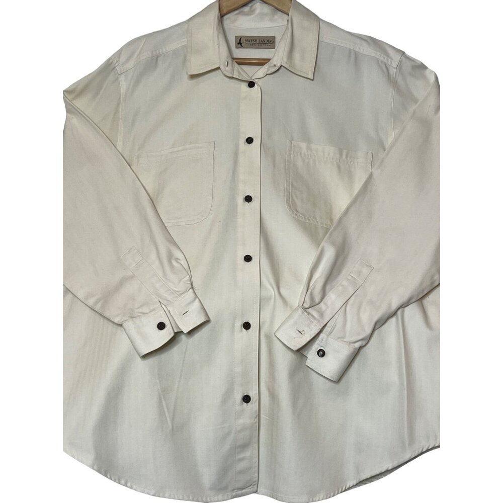 Marsh Landing Women White Long-Sleeve Shirt Button-Down Cotton Large Pockets